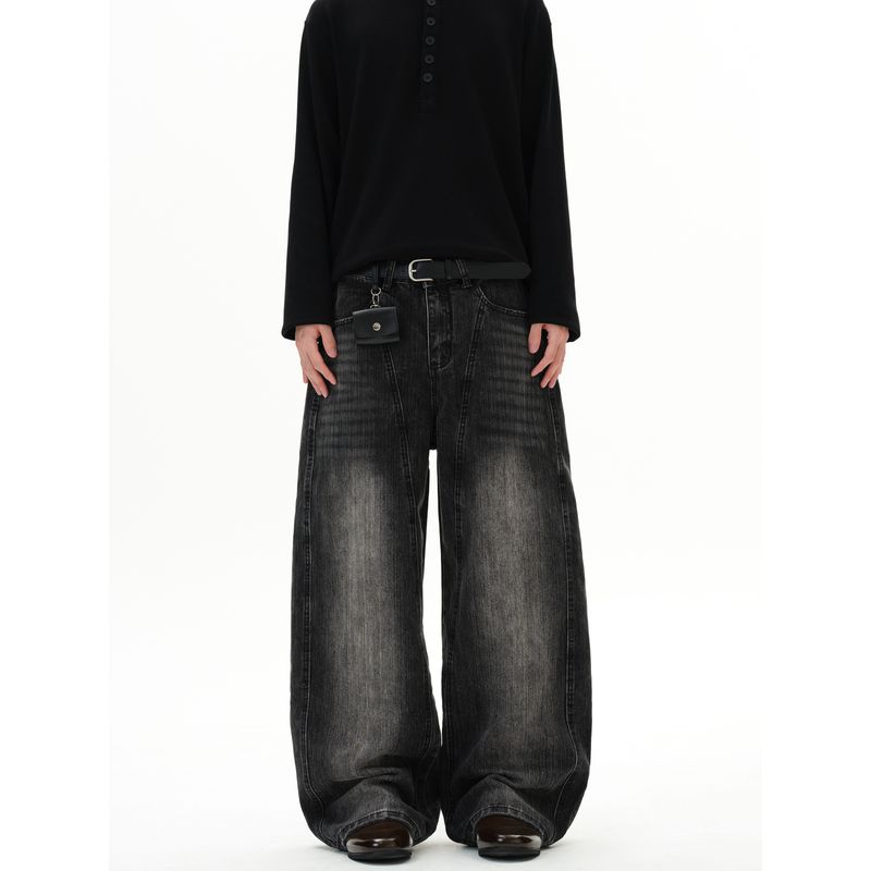 Kisko American Retro Bamboo Texture Contrast Stitching Deconstructed Scimitar Jeans Unisex Design Loose Straight Pants