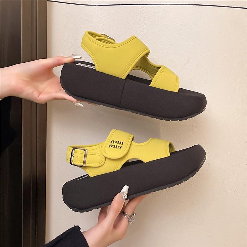 2025 summer new Velcro thick-soled muffin one-word sandals women wear one-pedal heightening casual beach shoes