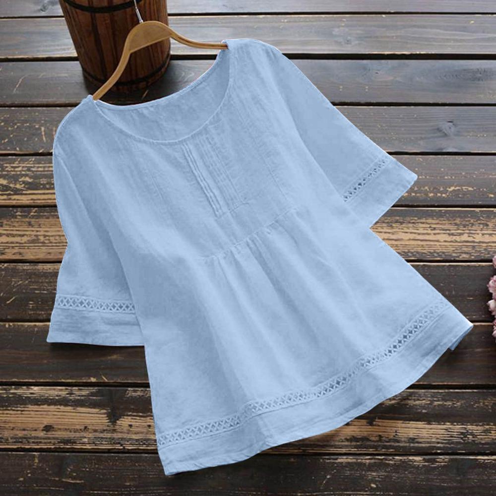 Women's Retro Casual Petticoat Summer Solid Color Cotton Linen Top Half Sleeve Round Neck Splicing Shirt Hollow Top