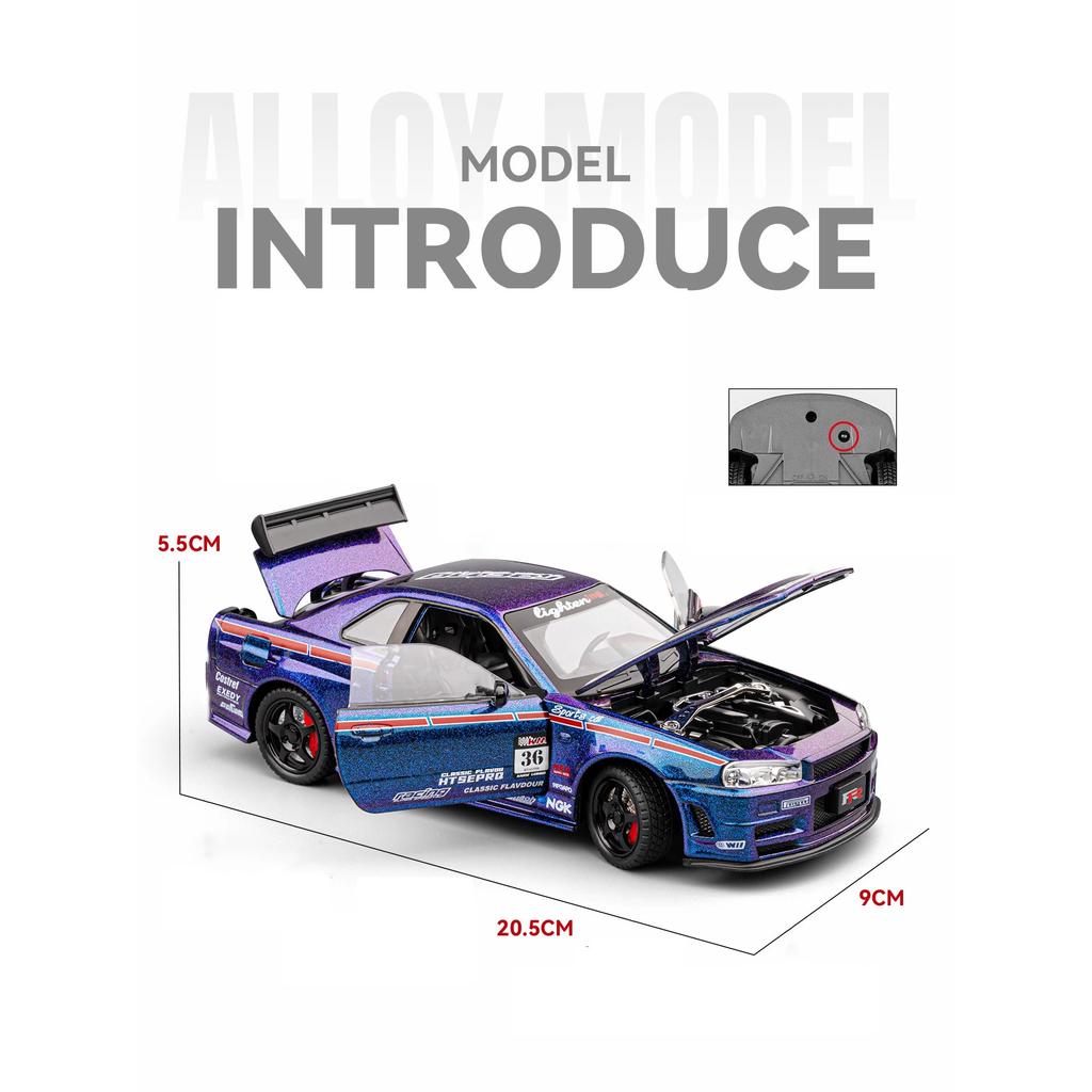1/24 Nissan Skyline Ares GTR GT-R R34 Alloy Sports Car Model Diecast Metal Track Racing Car Vehicle Model Sound and Light Kids Toy Gift