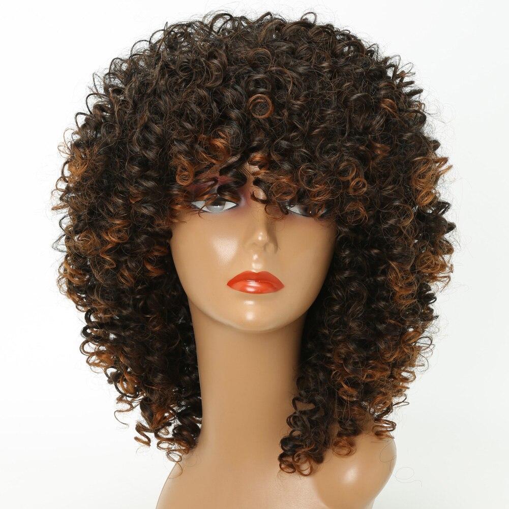 MISSQUEEN Afro peruki z kręconymi włosami z grzywką dla czarnych kobiet afrykańskie syntetyczne Omber bezklejowe peruki do Cosplay żaroodporne Lizzy