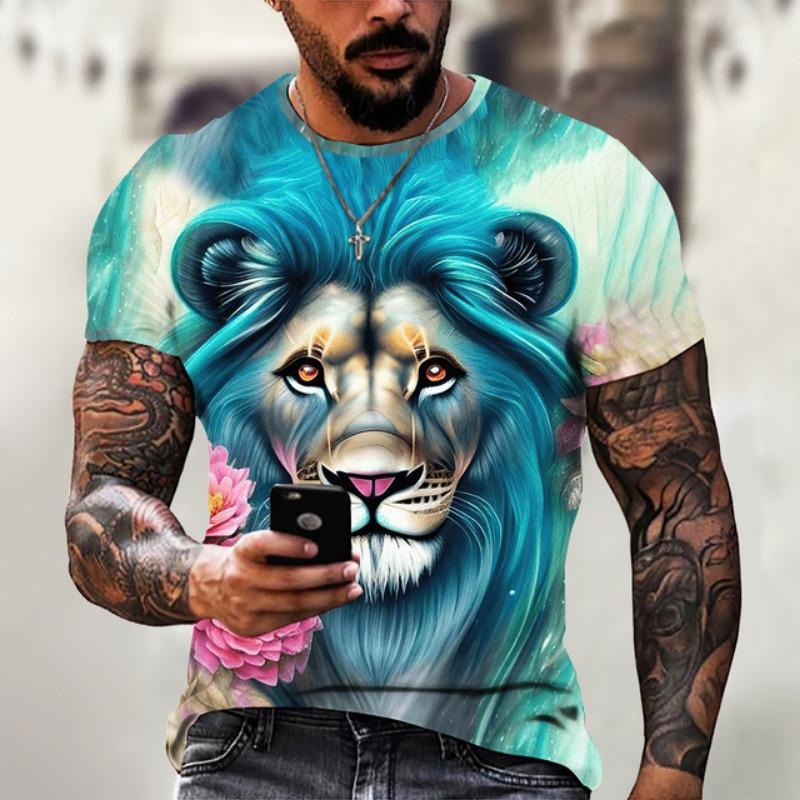 Vintage Animal T-Shirt Mens T Shirt 3d Fierce Leopard Print Tee Summer Short Sleeve Holiday T Shirt Loose Clothing Male Pullover