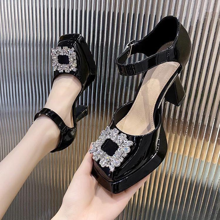 Thick-soled Mary Jane Sandals Women's 2025 Summer Explosion Rhinestone Thick Heel Temperament One-word Buckle High Heels Square Head Waterproof Table