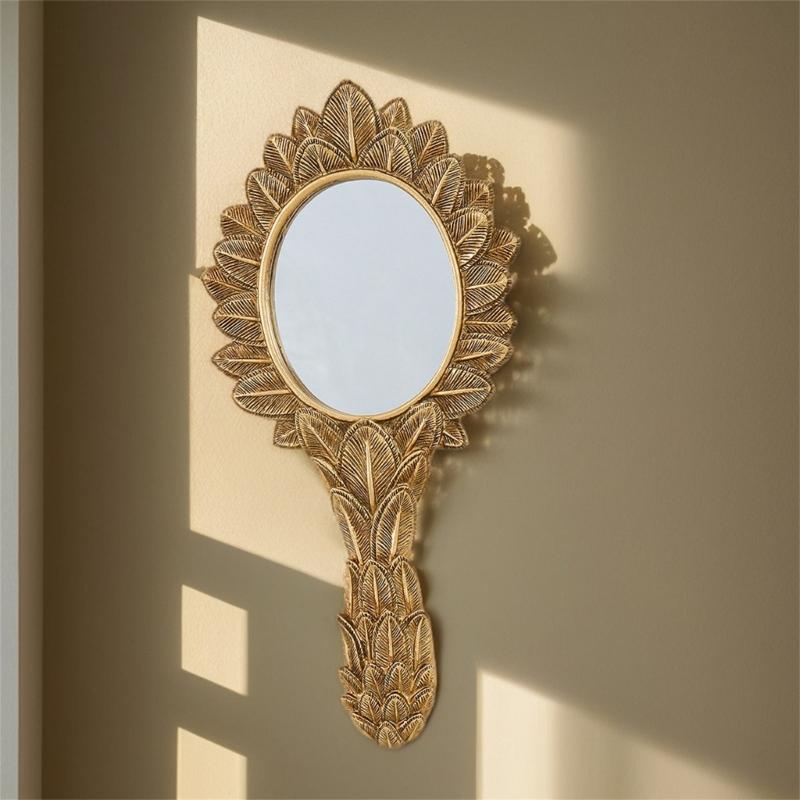 Golden Leaf Embossing Frame Wall Mirror Decorative Oval Handheld Mirror with Handle, Resin Accent Piece for Bedroom Vanity Hallway and Study Decors