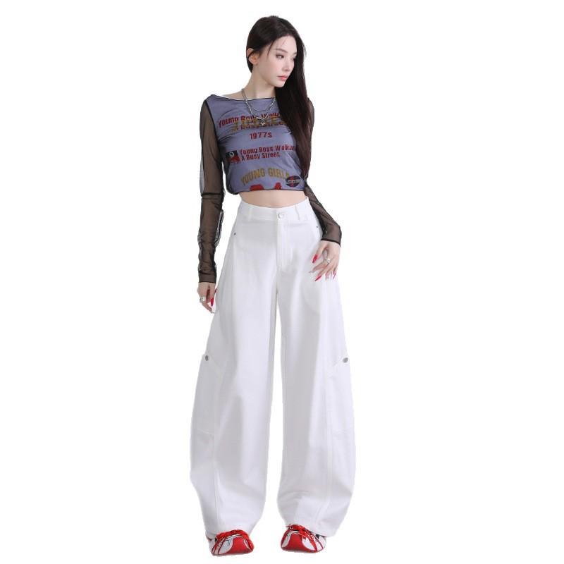 2025 Autumn Women's Spliced Wide-Leg Cargo Pants with Large Pockets