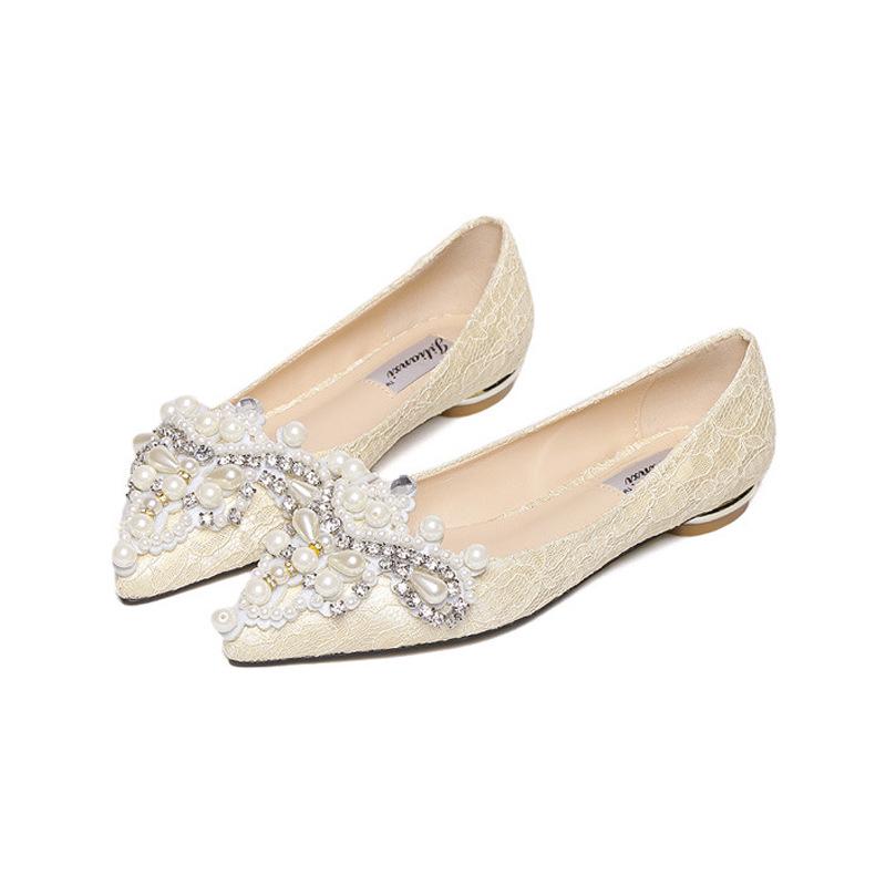 Fashion beaded pearl rhinestone flat heel autumn large size women's shoes pointed head shallow mouth flat sole single shoe