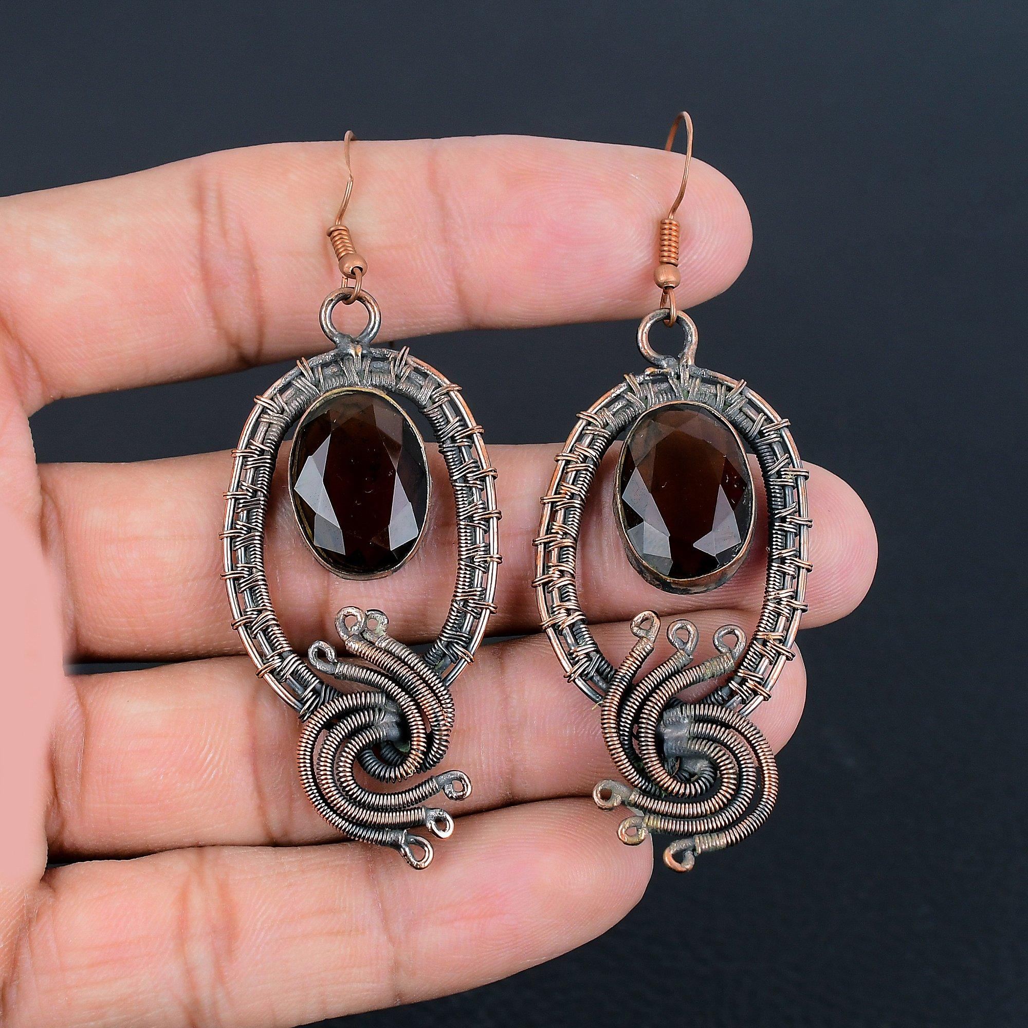 

Серьги с дымчатым топазом, ювелирные изделия с драгоценными камнями, серьги ручной работы, обернутые медной проволокой 999 пробы, ювелирные изделия новейшего дизайна 2.55 Inches