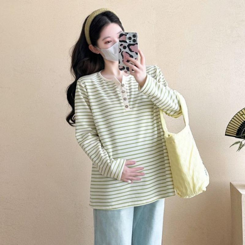 

Maternity shirt women s spring and autumn new loose large size long sleeve collar striped age reduction casual pregnant women on clothes 3XL зелёный