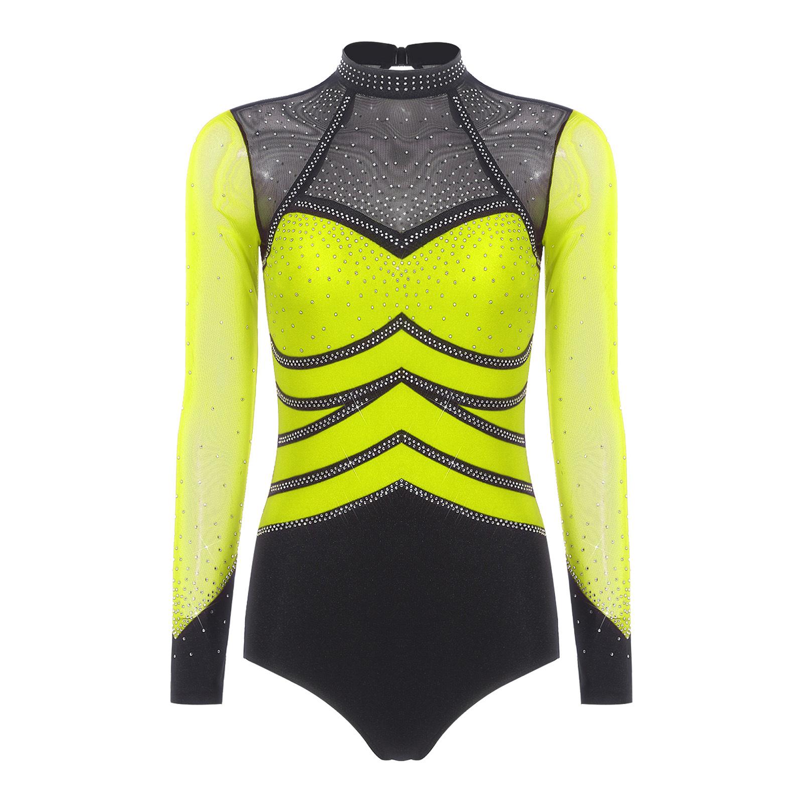 

Жіночий сітчастий боді для гімнастики з довгим рукавом, дизайн зі стразами, виріз на спині, застібка внизу, комбінезон з колірними блоками S флуоресцентний жовтий колір