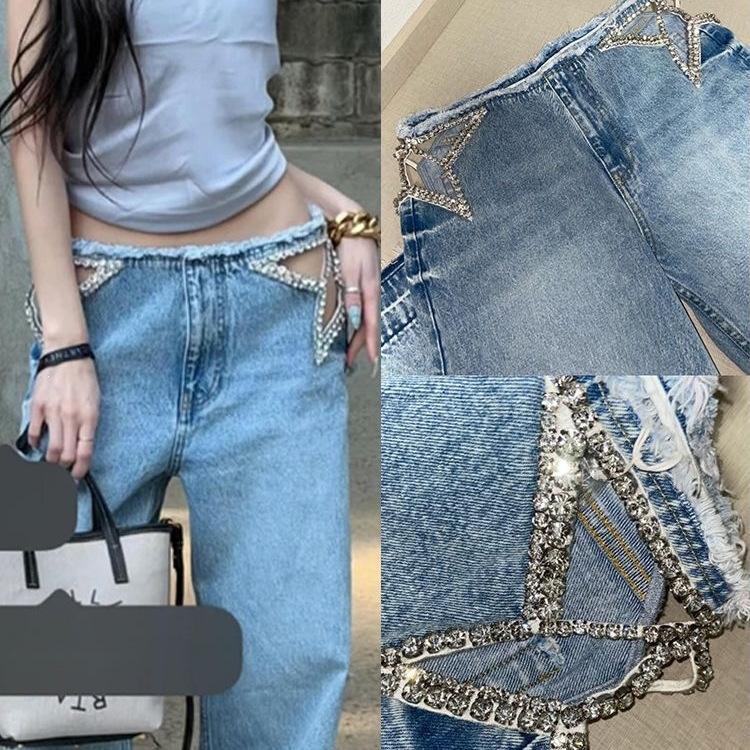 Amerikanische Retro-Stern-Hohl-Heiß-Diamant-Jeans Kinder Sommer Neu Spice Girl Design-Sinn Lässige Bodenwischer-Hose