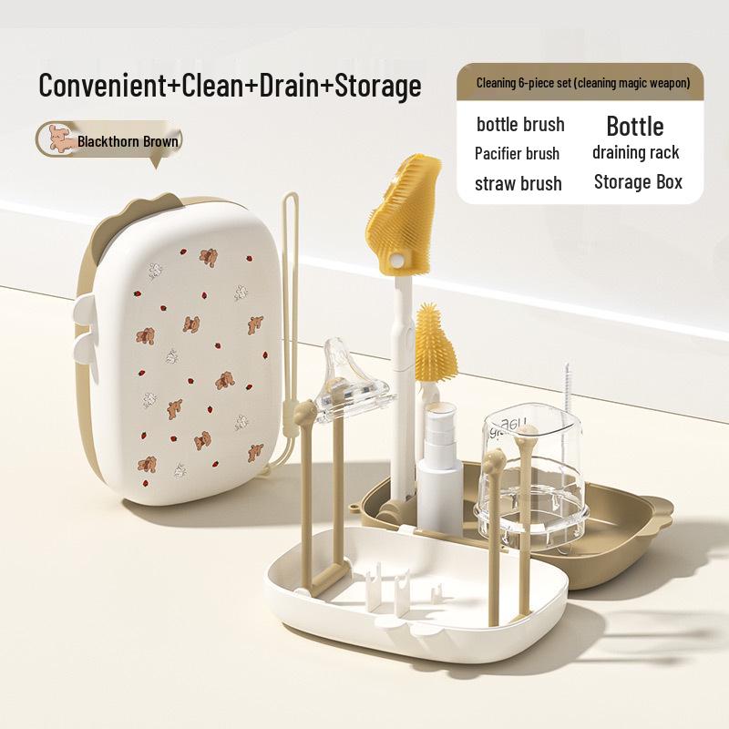 Portable Baby Bottle Brush Set with Storage Box and Drainer for Travel