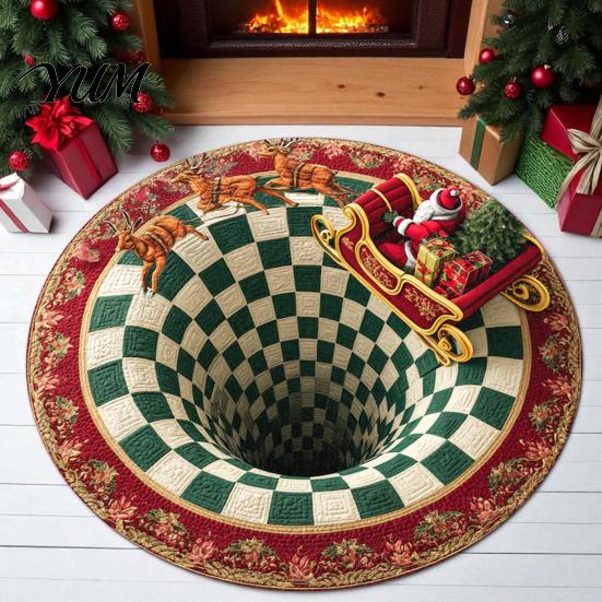 Thickened Cozy Mat Round Christmas Rug, 39" Imitation Cashmere Santa Snowflake Pattern, Holiday Party Floor Covering Area Rug for Home Living