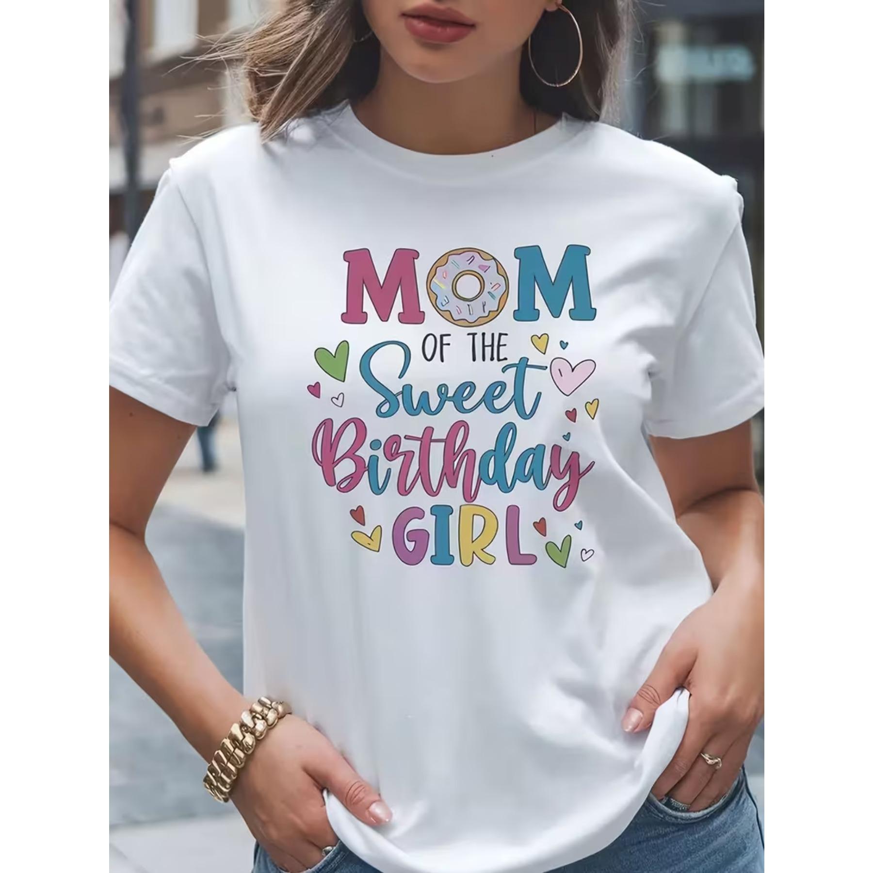 

Women S Casual T-Shirt - Mom of The Sweet Birthday Heart & Star Design, Soft Pink & Blue Print, Short Sleeve, Round Neck XXL білий