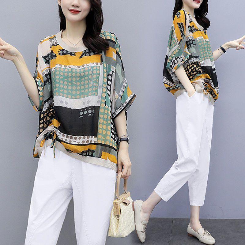 2 Piece Sets Women Casual Tops and Pants Summer Simple Style Vintage Embroidery Loose Female Suit