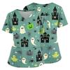 Women V Neck Short Sleeve Scrub Top with Pockets Side Slit Halloween Print Floral Pattern Nurse Uniform Shirt
