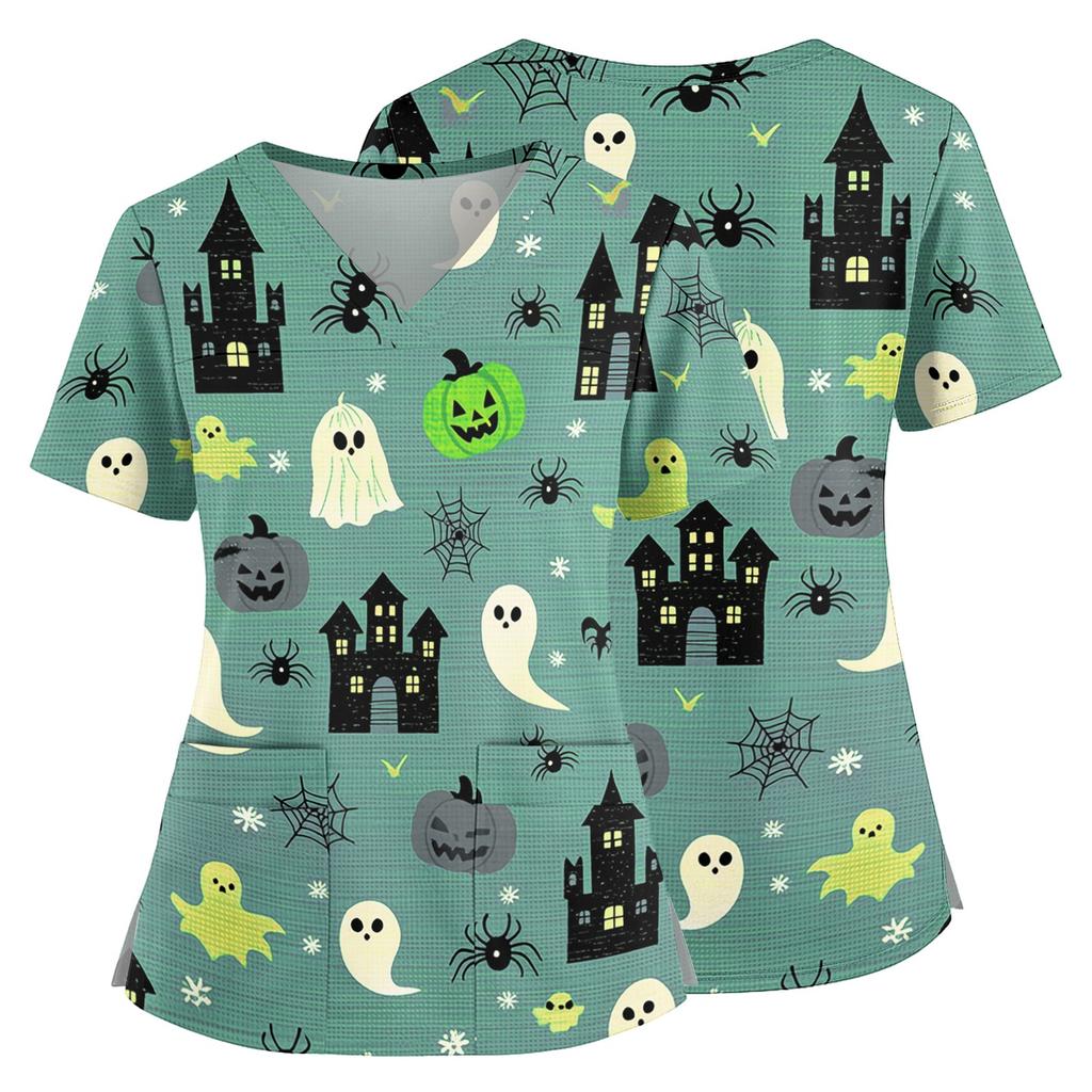 Women V Neck Short Sleeve Scrub Top with Pockets Side Slit Halloween Print Floral Pattern Nurse Uniform Shirt