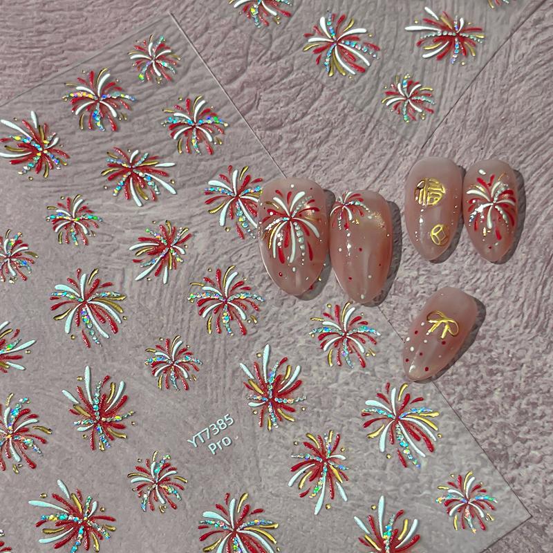 Fireworks Nail Stickers Rainbow Laser Silver Pink Blooming Firework New Year Celebration Nail Art Decals Decoration