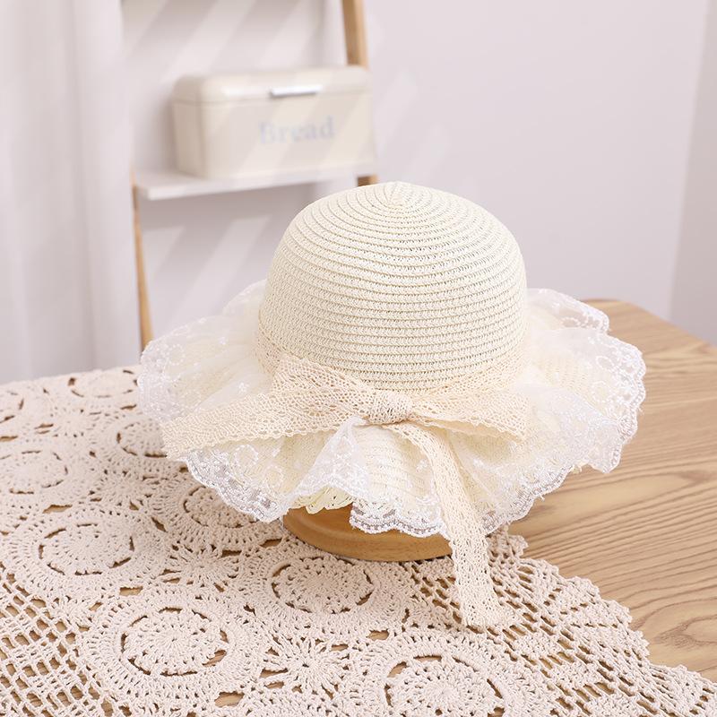New children's straw hat, girls' summer eaves lace edge straw, breathable streamer bow sunscreen visor