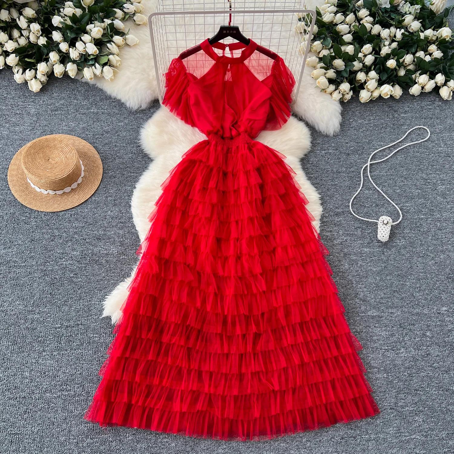 

Винтажное базовое платье с круглым вырезом и коротким рукавом, шикарное кружевное прозрачное многоуровневое бальное платье, французское вечернее женское летнее платье для улицы One Size красный