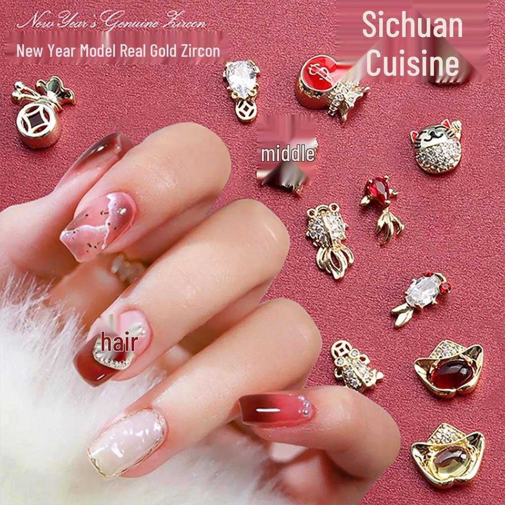Festive Chinese Style Manicure: Lucky Bag Zirconia Ornaments with Golden Toad, Yuanbao, and Money Character Press-on Nails