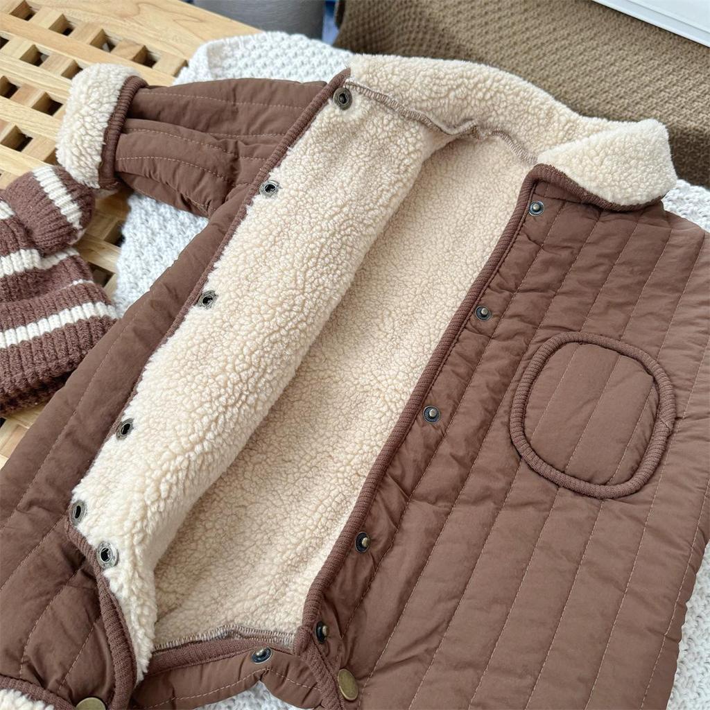 Coffee-Colored Fleece-Lined Baby Romper: Trendy Padded Cotton Jumpsuit for Boys/Girls