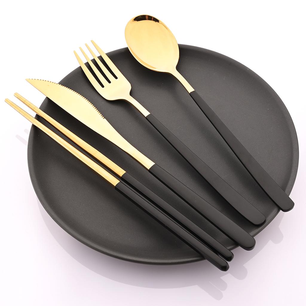 4pcs Colorful Dinnerware Set Knife Fork Spoon Chopsticks Cutlery Set Mirror Stainless Steel Flatware Western Kitchen Tableware