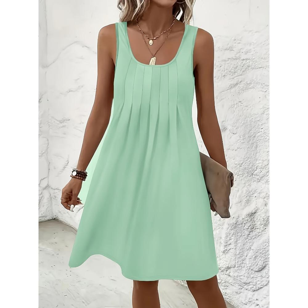 Women's U Neck Sleeveless A Line Mini Dress Solid Color Front Pleated Casual Tank Sundress