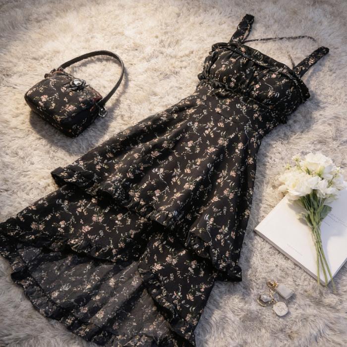 Suspender skirt square collar waist thin irregular design dress summer new fashion floral