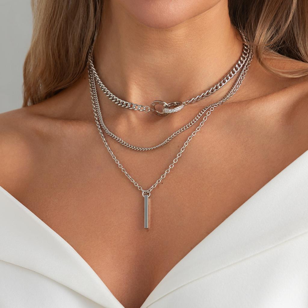 Salircon Fashion Double Circle Straight Bar Multi-layer Chain Necklace Women's Creative Exquisite Metal Pendant Necklace Jewelry