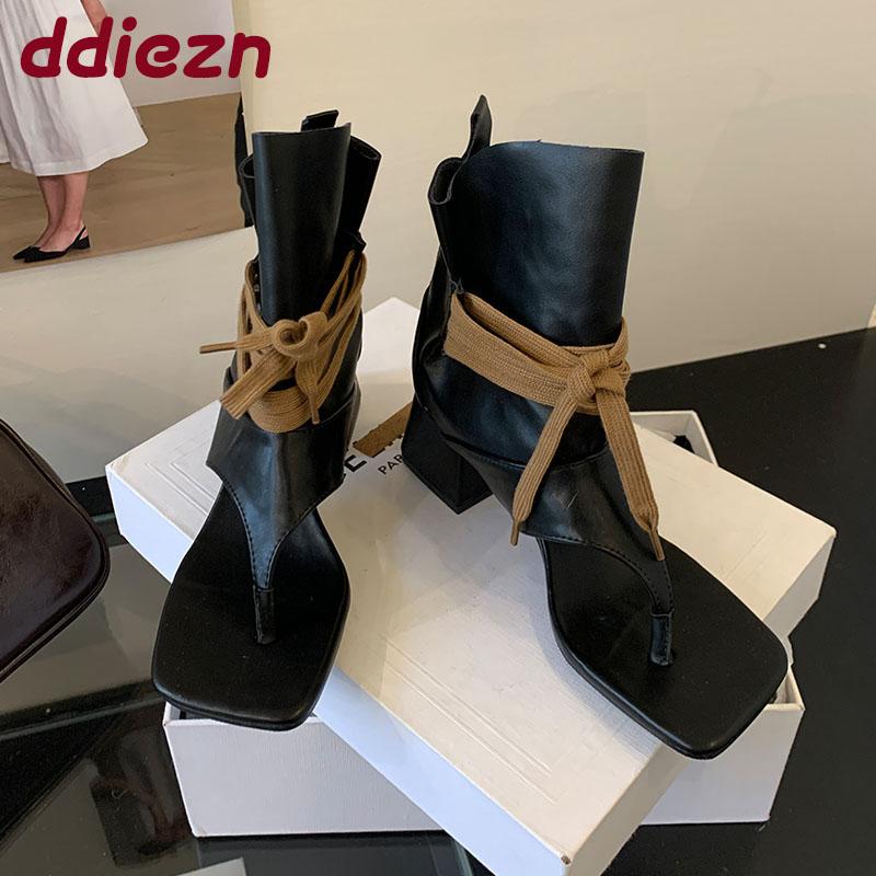 Fashion Fashion Lace Up Women Ankle Boots With Heels Footwear Open Toe Ladies Gladiator Sandals Booties Female Flip Flops Pumps Shoes