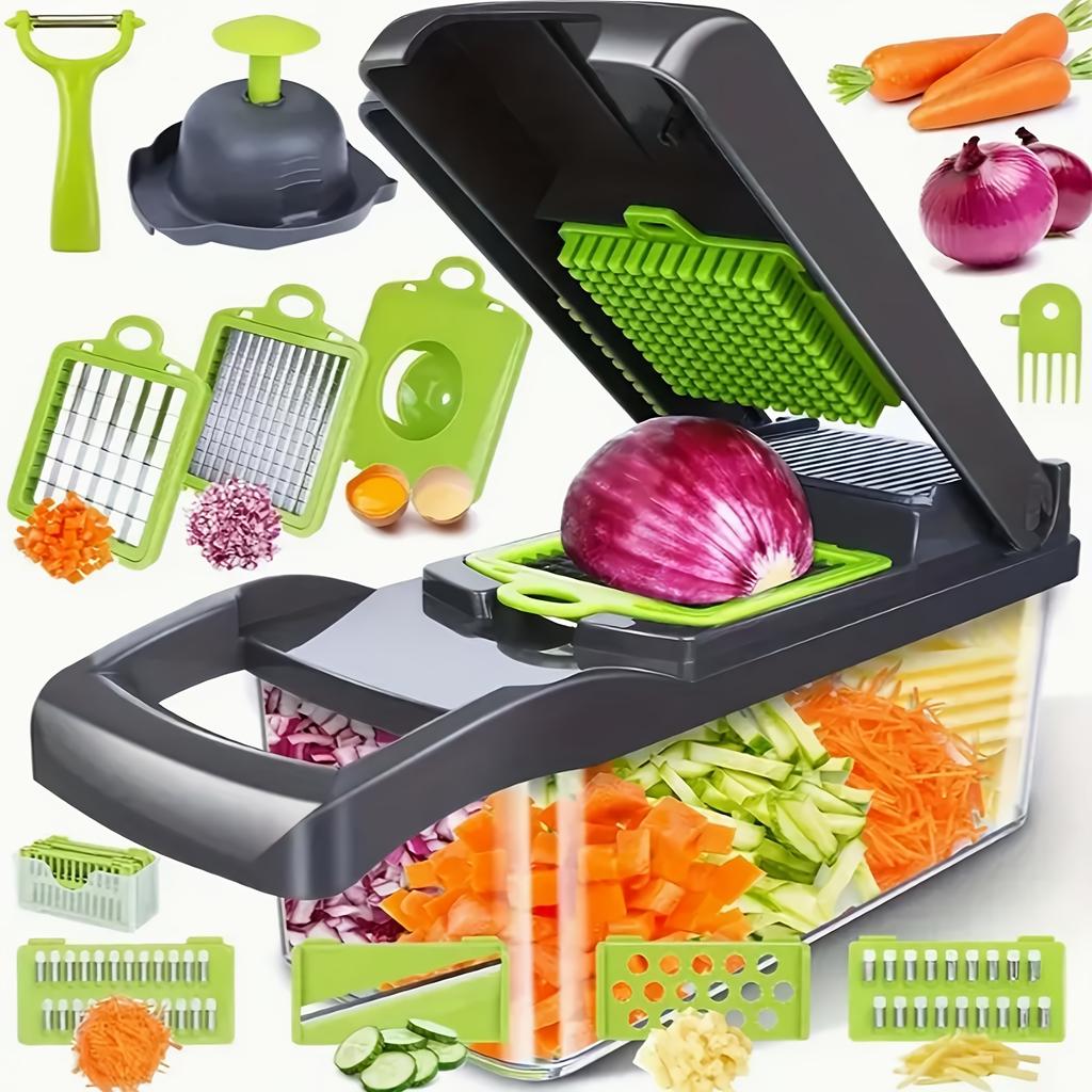 16-in-1 Manuelles Gemüseschneider-Set Mit 8 Klingen, Behälter, Sparschäler & Sieb, Zwiebel-Knoblauch-Schneider Würfler, Küchenhelfer Geschenk