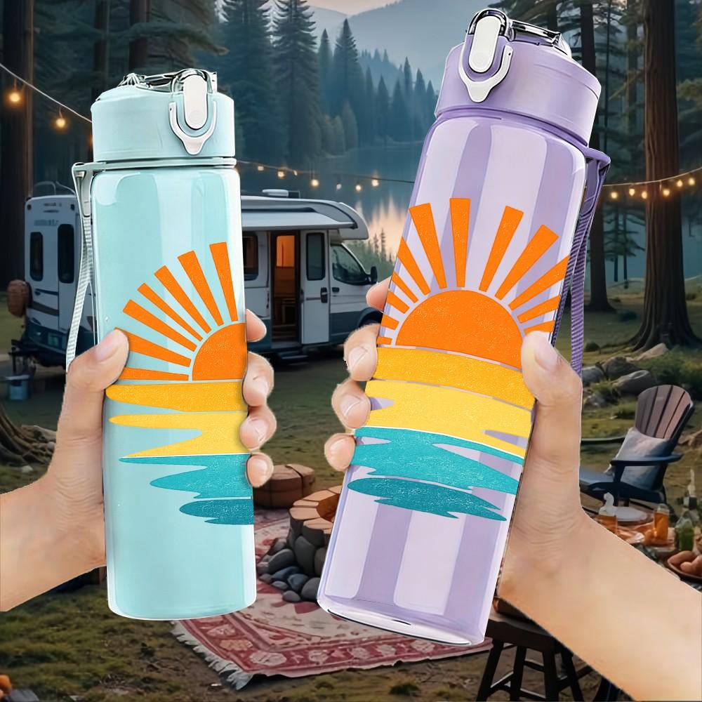 1PC Ocean Sunset Gradient Sun Wave Print 750ml Color Plastic Sports Water Bottle Leakproof Flip Straw Lid Suitable for Sports Office Home Use