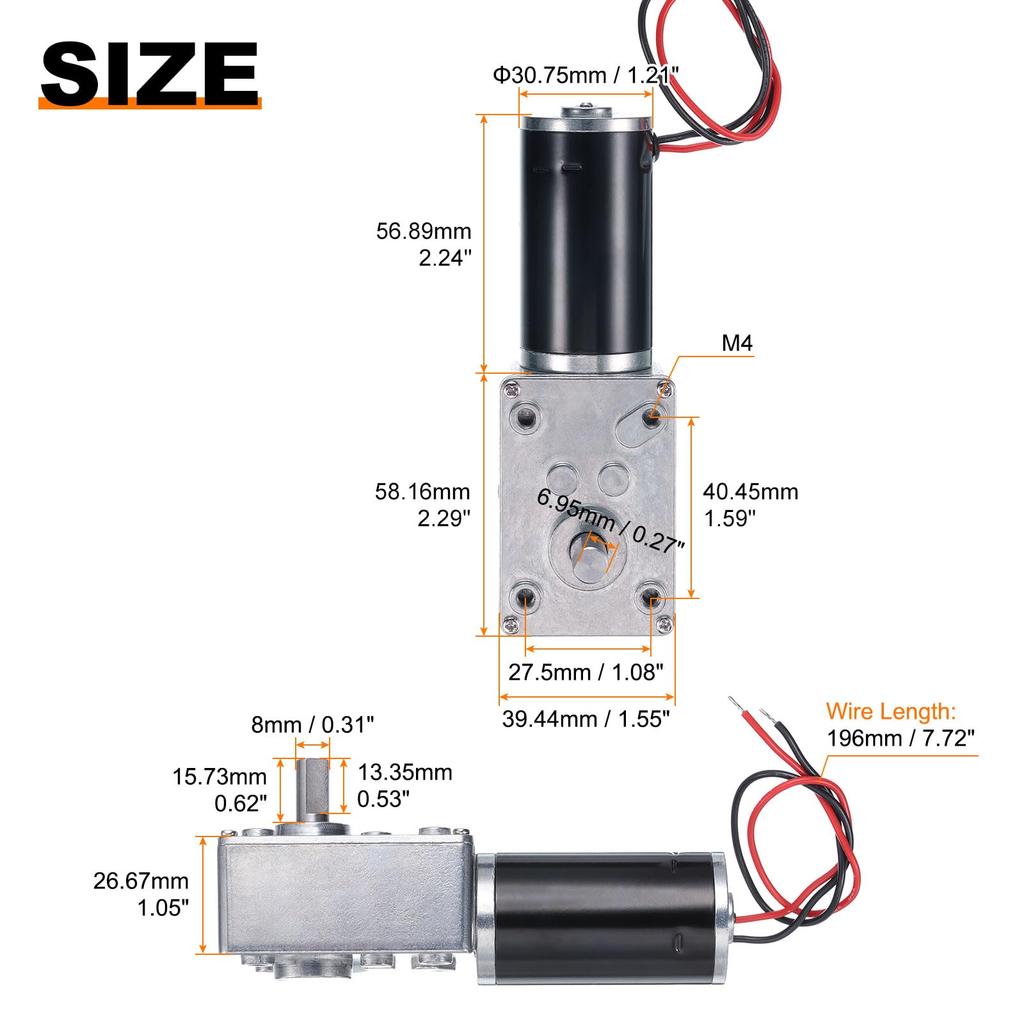 uxcell DC 12V High Torque Turbine Worm Gear 8mm 12 RPM with for Electric Fireplaces Motor, Shaft, Wire,