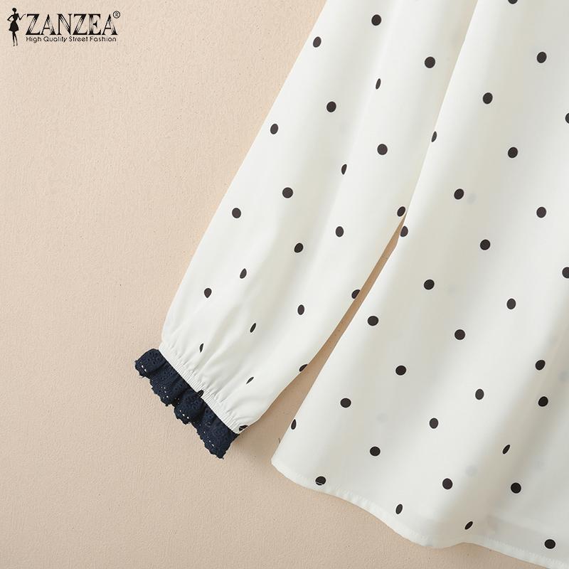 ZANZEA Women Splice Doll Collar Casual Long Sleeve Polka Dot Print Blouse