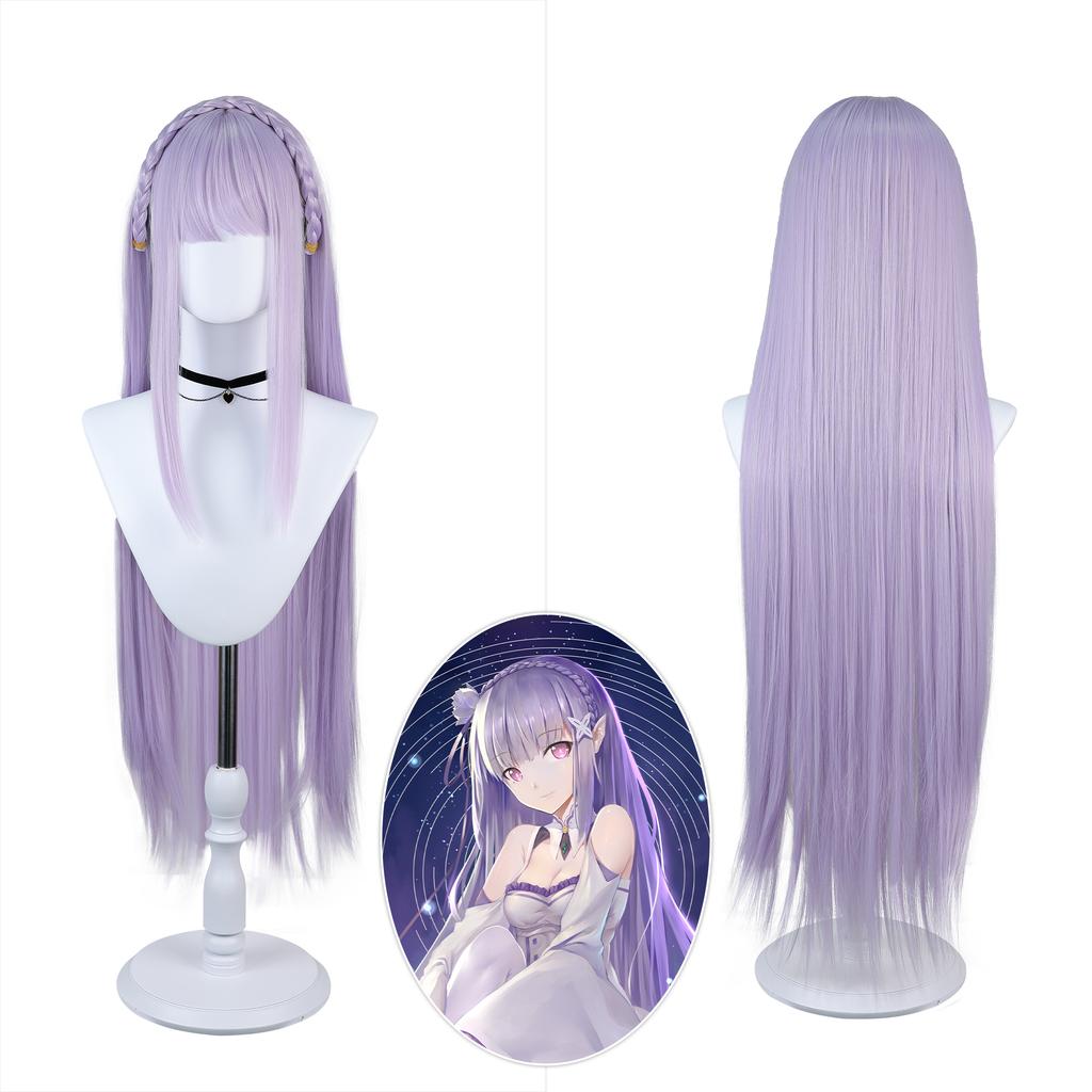 Emilia Re Zero Synthetic Cosplay Wig Long Straight Light Purple With Bangs Braided Headband Heat Resistant Full Head for Cosplay