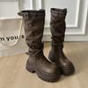 [Fanfna] Pleated Pile Boots Women's Belt Buckle Thick Bottom But Knee Knight Boots Skinny and Height Boots