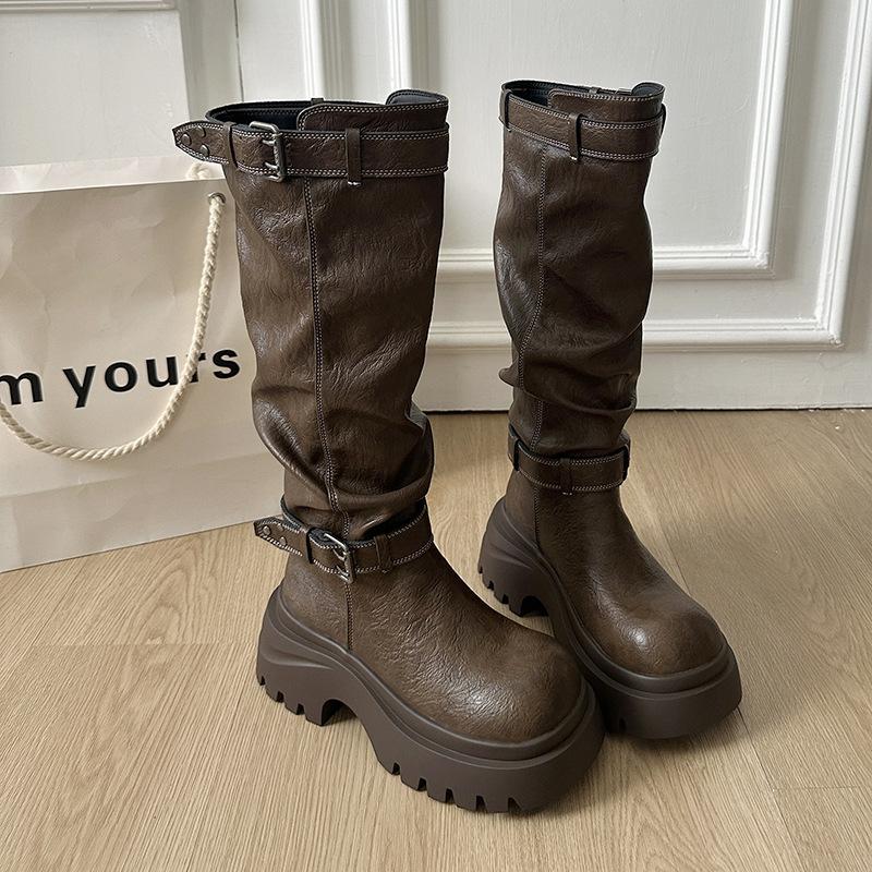 [Fanfna] Pleated Pile Boots Women's Belt Buckle Thick Bottom But Knee Knight Boots Skinny and Height Boots