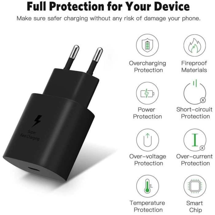 Chargeur 25W Type-C + Câble Type-C pour Samsung A15 A16 A17 A22 A36 A37 A53 A55 A56 A57 - Noir