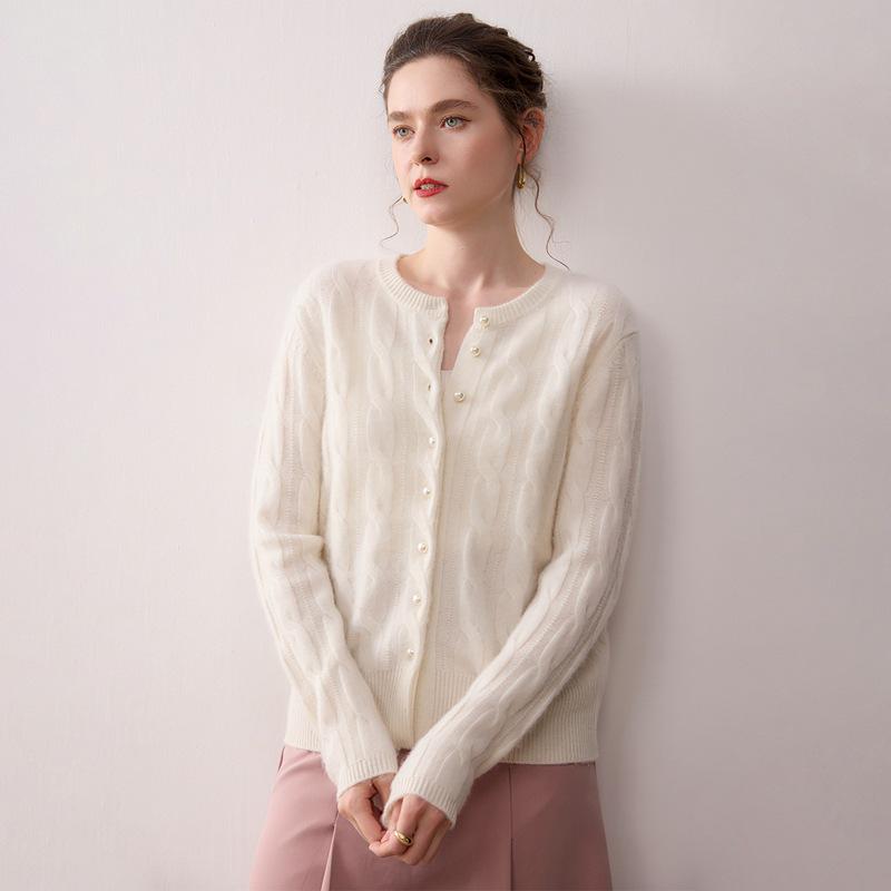 2025 Fall/Winter Women's Cashmere Pearl Button Cable Knit Cardigan - Round Neck, Solid Color, Loose Fit Sweater Coat