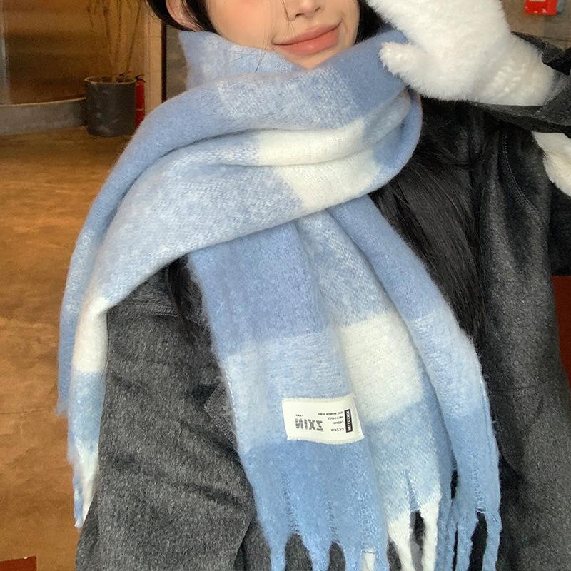 Blue and White Plaid Scarf Women's New Winter Thickened Imitation Cashmere Warm Scarf High-end Knitting