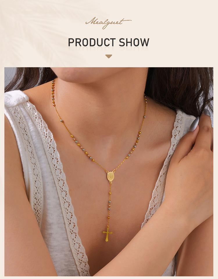 Triple Tone Beaded Rosary Cross Necklace, Stainless Steel Long Chain Crucifix Rosary Chain Y Necklace Women Religious Jewelry