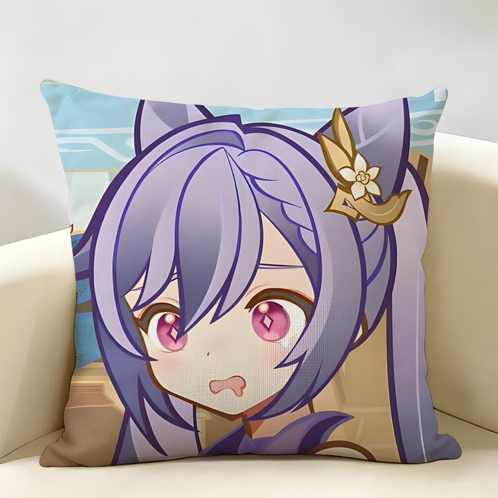 Keqing Cute Genshin Impact Cushion Cover Natural Linen Organic Fabric DoubleSided Printing Room Sofa Decor Pillow Case