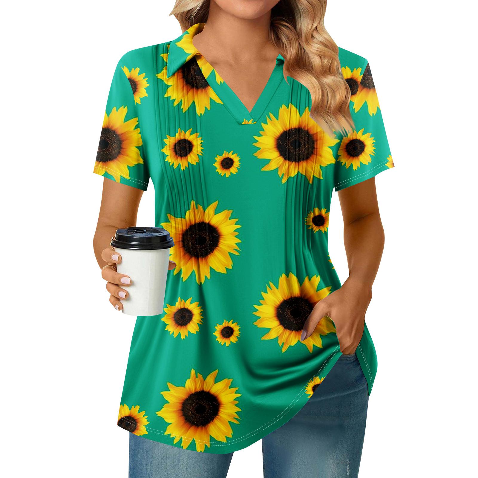 

Женская плиссированная футболка с V-образным вырезом и короткими рукавами с принтом подсолнухов, повседневная деловая рубашка XXL