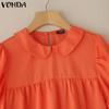 VONDA Women Lapel Neck Blouse Short Sleeve Ruffled Casual Summer Tops