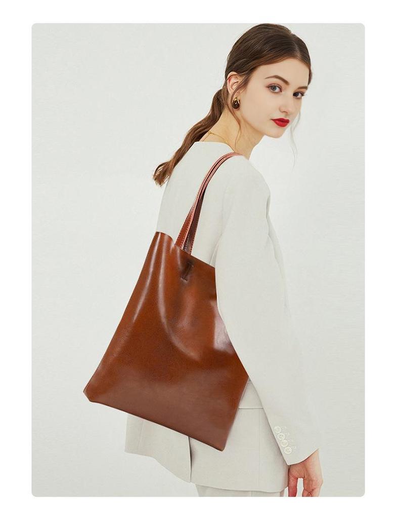 Vintage Oil Wax Cowhide Leather Tote Bag - Versatile Vertical Shoulder Handbag Briefcase for Women