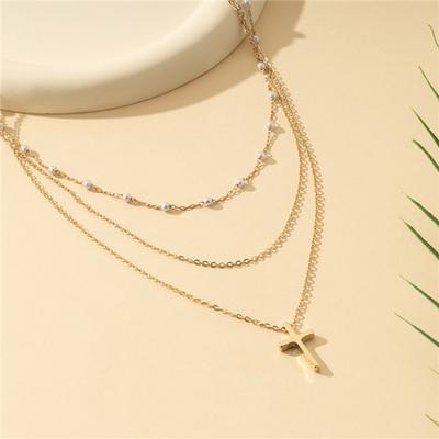 1 Three-layer Cross Pendant Necklace Pearl Decorative Alloy Material To Participate In The Banquet Light Luxury Light Luxury Style