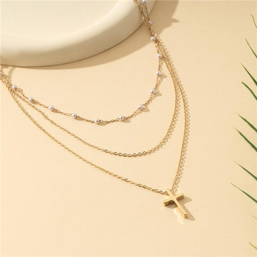 

1 Трехслойное ожерелье с подвеской в виде креста, жемчужная декоративная отделка, сплавный материал, для участия в банкете, легкая роскошь, стиль легкой роскоши имбирный