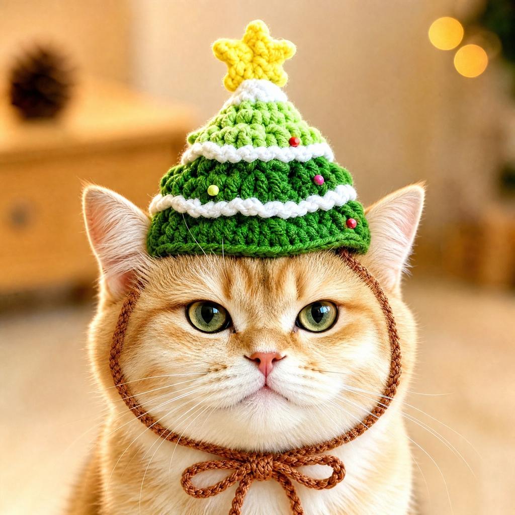 Christmas Tree Shaped Pet Hat, Hand Knitted Yarn and Dog Holiday Costume Headwear for Festive Dress Up