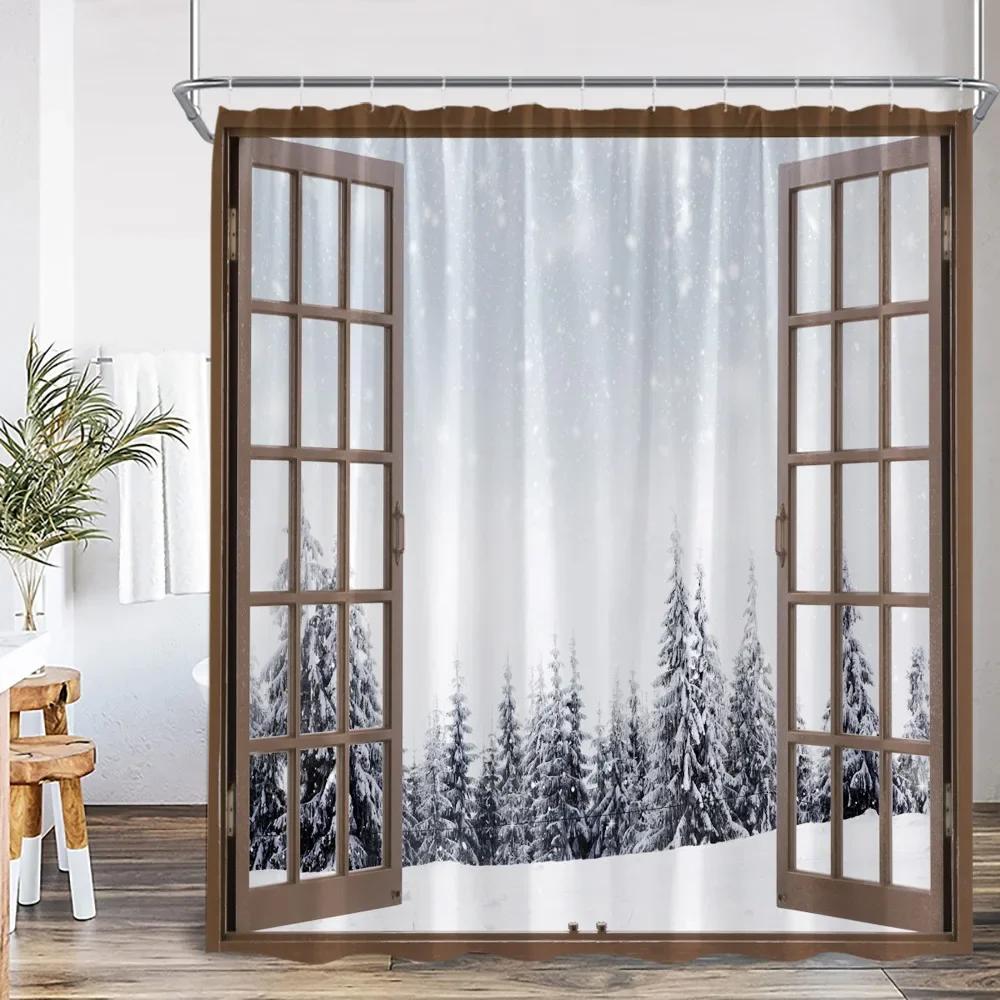 Winter Forest Scenery Shower Curtain Snow Window Outside Nature Landscape Snowy Pine Tree Bathroom Decor Polyester Bath Curtain