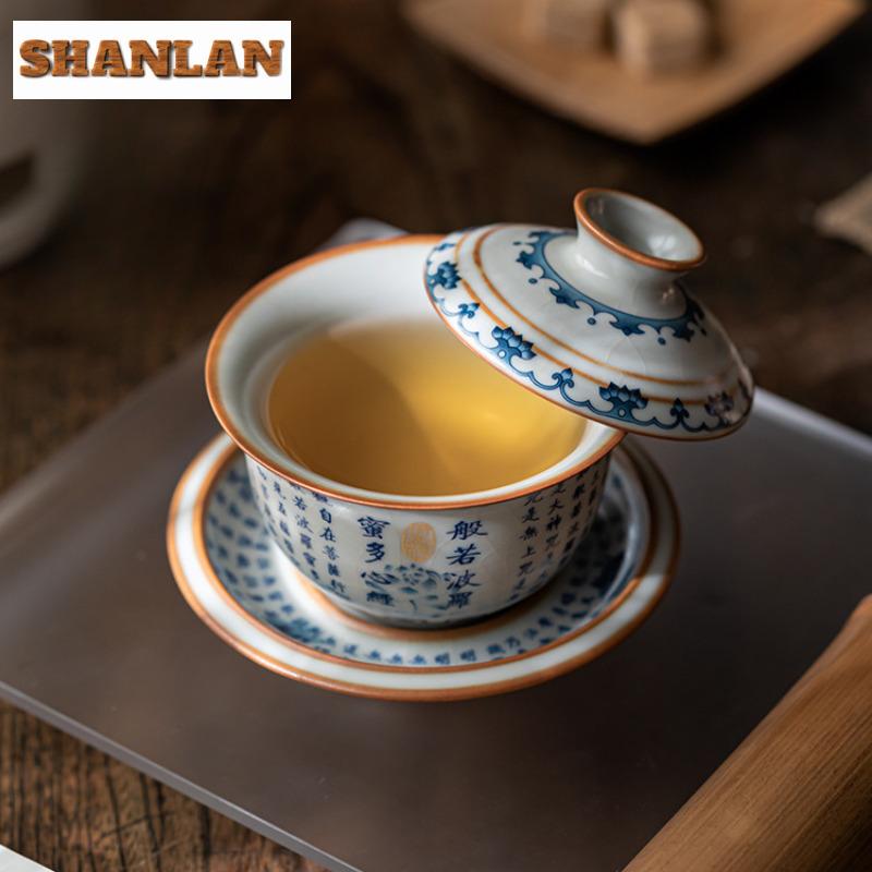 160ml Heart Sutra Ru Kiln Three-talent Gaiwan Japanese Tea Tureen Tea Bowl With Lid Kit Tea Maker Cover Bowl Tea Items Ornaments
